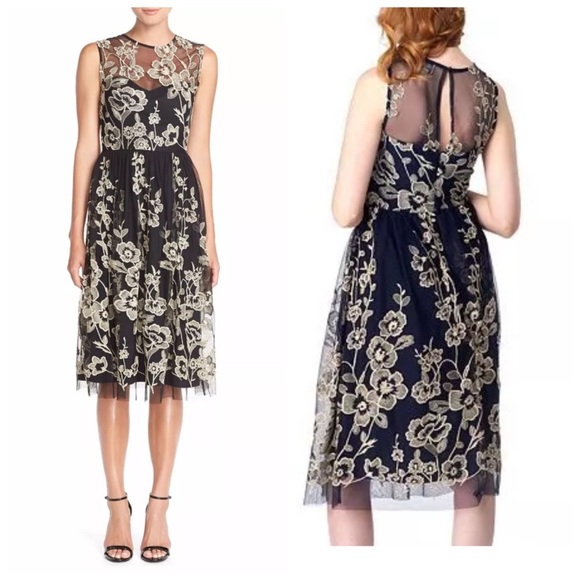 NWT Beige by eci Black Taupe-Gold Embroidered Mesh Cocktail Social Dress 6 $130 - Picture 1 of 12